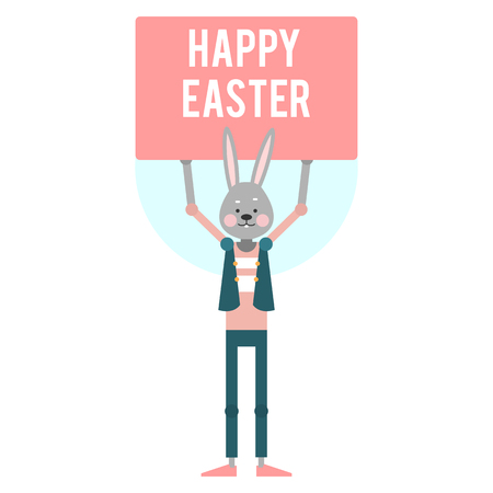 Happy Easter. Cartoon rabbit with pink label. Template for holiday cards. Vector illustration.のイラスト素材