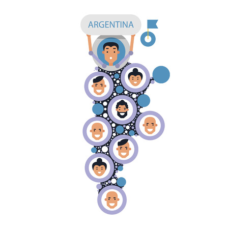Set cartoon heads of people on the map of Argentina. Man and woman avatars. Vector illustration isolated on white background.のイラスト素材