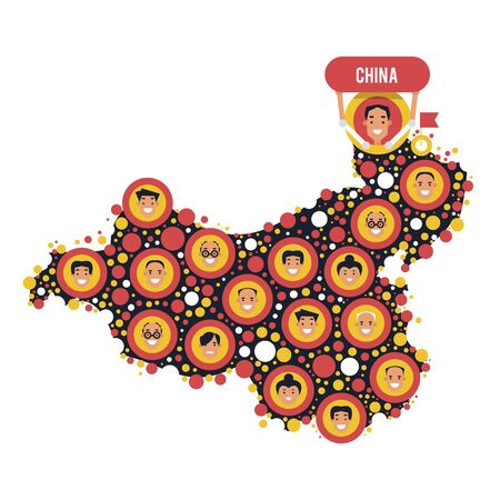 Set cartoon heads of people on the map of China. Man and woman avatars. Vector illustration isolated on white background.のイラスト素材