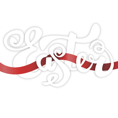 Realistic Easter banner with red ribbon style lettering. Vector illustration on a white background.のイラスト素材