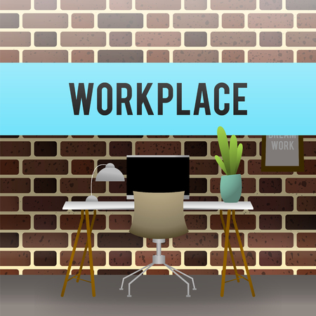 Workplace. The design of the Cabinet against a brick wall. Vector illustration.のイラスト素材
