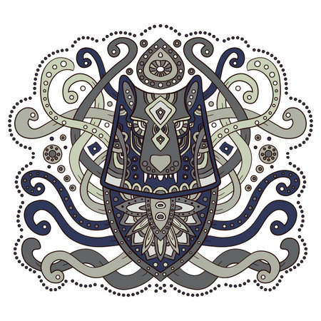 Ethnic wolf in the graphic style. Vector illustration abstract animal design fabric, color on a white background.のイラスト素材