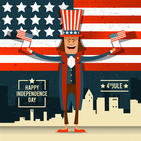 American Independence Day. The 4th of July. A man in national costume at the backdrop of the American flag. Vector illustration.のイラスト素材