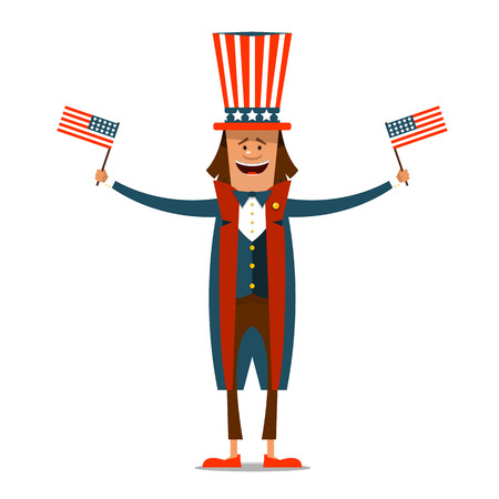 American Independence Day. The 4th of July. Man in traditional costume on white isolated background with American flags in their hands. Vector illustration.のイラスト素材