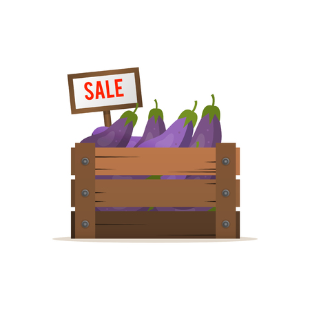 A box of eggplant. Selling vegetables. Street food trade.のイラスト素材