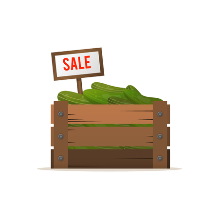 A box of cucumbers. Selling vegetables. Street food trade.のイラスト素材