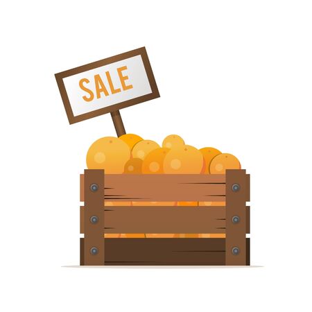 A box of oranges. The sale of fruit. Street food trade.のイラスト素材