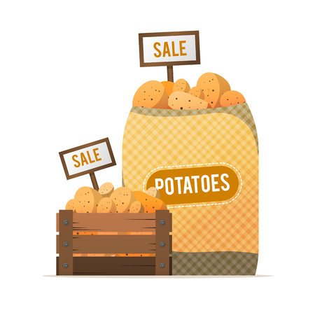 A box and a sack of potatoes. Selling vegetables. Street food trade.のイラスト素材