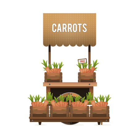 A street market. Wood cart for sale carrots. Selling vegetables in the boxes.のイラスト素材