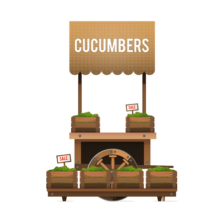 A street market. Wood cart for sale cucumbers. Selling vegetables in the drawers. Vector illustration, isolated on white background.のイラスト素材
