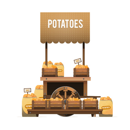 A street market. Wood cart for sale potatoes. Sale of vegetables in boxes and bags. Vector illustration, isolated on white background.のイラスト素材