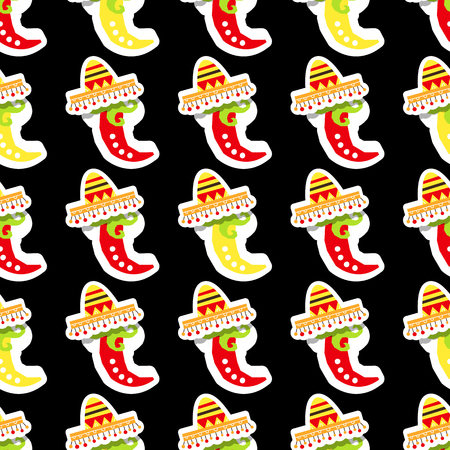 Seamless pattern. Mexican red and yellow pepper. Hand drawn sticker designs. Vector illustration for holiday Cinco de Mayo.のイラスト素材