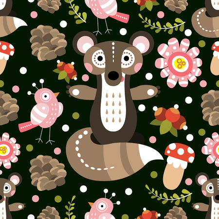 Seamless pattern with forest flora and fauna. Vector illustration for design of wallpaper or fabric.のイラスト素材