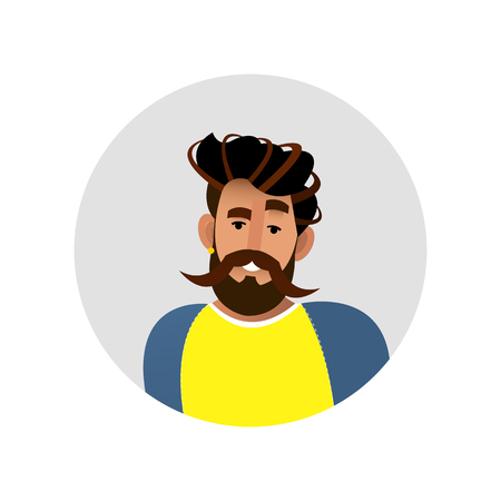 Avatar a young man with a mustache and a beard. Vector illustration of cartoon character on white isolated background.のイラスト素材