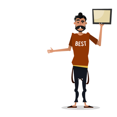 A young man with a tablet in hand. Isolated vector illustration of a cartoon character on a white background.のイラスト素材
