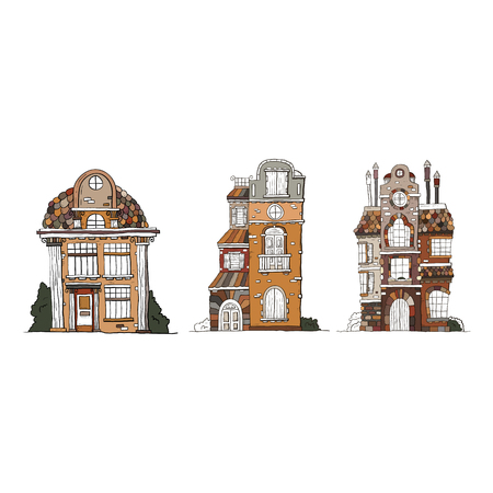 Set of hand drawn vintage homes. Vector collection of sketch famous buildings.のイラスト素材