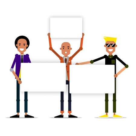Group of young friends with message board.  Vector illustration on white isolated background.のイラスト素材