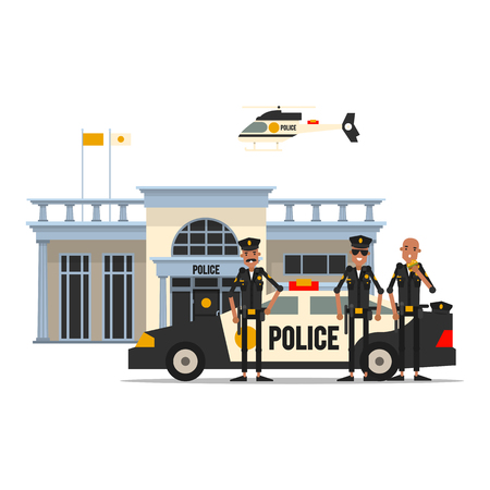 A group of american police officers with patrol car on background the department of police and the helicopter. Vector illustration isolated on white background.のイラスト素材