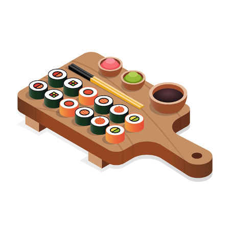 Isometric set of sushi and rolls on a wooden cutting board with japanese chopsticks, soy sauce, ginger and wasabi. Vector illustration isolated on white background.のイラスト素材