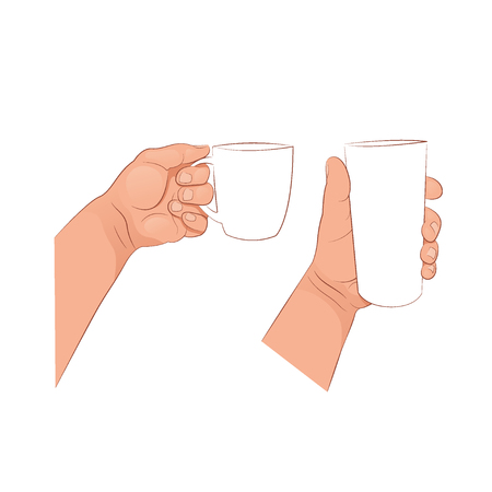 Hands holding mug and a tumbler. The set of gestures. Vector illustration isolated on white background.のイラスト素材