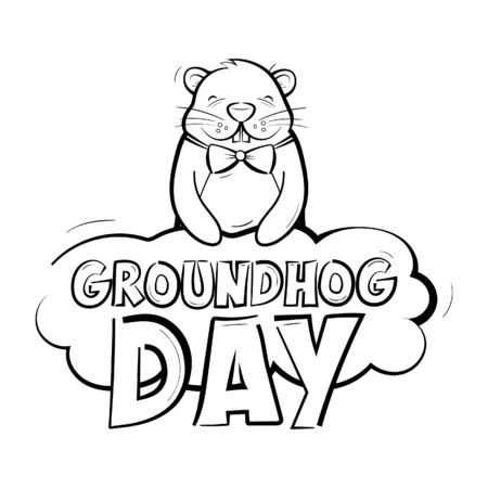 Groundhog day. American holiday logo. Rodent holding a cloud with an inscription. Vector illustration isolated on a white background in black and white.のイラスト素材