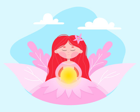 Girl with the sun in her hands. Cute girl with red hair. Blue background with clouds and leaves.のイラスト素材