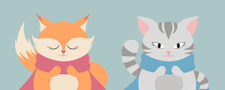 Cute two animals. Fox and Cat.のイラスト素材