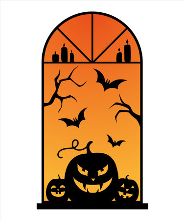 Halloween window. Pumpkin with scary smile (Jack o' Lanterns). Vector flat style.のイラスト素材