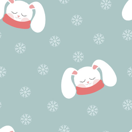 Seamless pattern with a rabbit in a scarf. Soft style. cute animals. snowfall.のイラスト素材