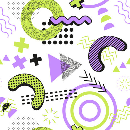 Seamless abstract pattern. Memphis Elements Texture. Green and purple colors.のイラスト素材