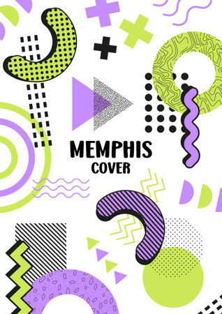 Memphis Elements. Memphis Cover. Poster. Set of elements for design. Green and purple colors.のイラスト素材