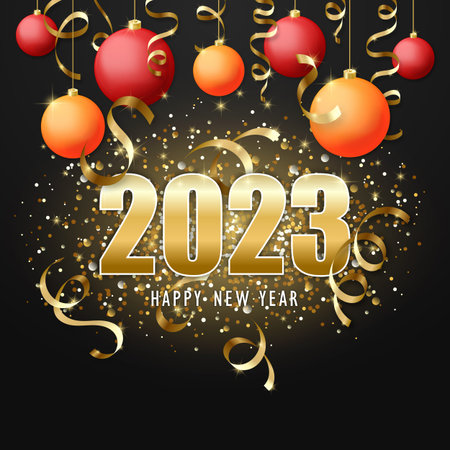 Happy new year 2023. Christmas red and orange balls and gold serpentine. vector illustration.