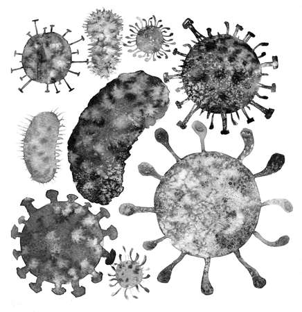 a set of hand drawn black and white bacteria and virusesの写真素材