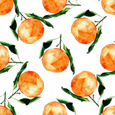 beautiful seamless Mandarin pattern with leaves isolated on white background Watercolor illustration...