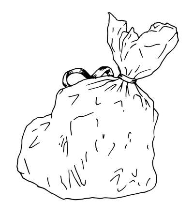 Red Santa Claus bag full of presents, sketch style vector illustration isolated on white background. Traditional Christmas sack, decoration elementのイラスト素材