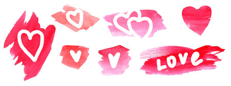 Watercolor heart on red watercolor background with paint splaches and brush strokes. Card for Valentine day.の写真素材