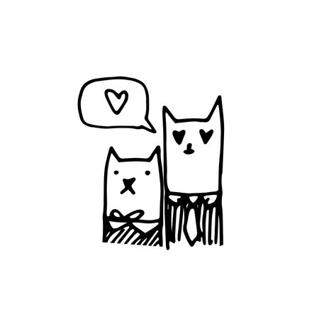 Hand draw cats in love. Cute cat and lady-cat hug each other and hold a heart in their paws. Valentine's Day. Doodling cats in the heart shape. Black outlines isolated on a white background. Vector.のイラスト素材