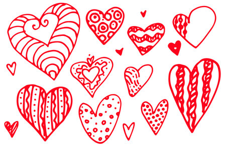 Set of valentine hearts for your design.Set of Valentine isolated vector hearts with patterns and textures for your design. hand drawn doodle style cute hearts set with stripes and dots wavy lines outline on white backgroundのイラスト素材