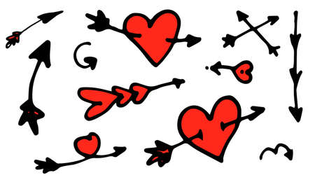 Black arrows doodle hearts in vintage style. Hand-drawn style vector. Vector collection of arrows.のイラスト素材