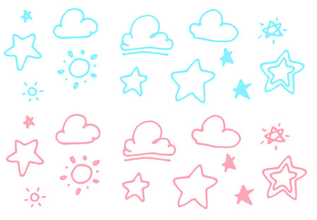 Baby cloud star doodle sketch for paper design. set of isolated vector design elements for kids in pink and blue color for girls and boys.のイラスト素材