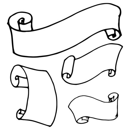Vector is a set of isolated elements of twisted scrolls drawn in the doodle style with a black line on a white background. vintage ribbon blank with space for text template design.のイラスト素材