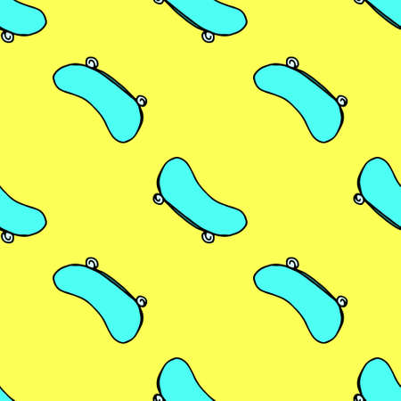 vector seamless pattern of a blue skate on a yellow background. skate black line turquoise color drawn in doodle style. simple teen design template.のイラスト素材
