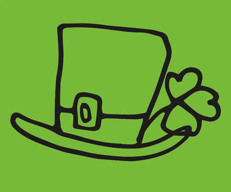 vector doodle for St. Patricks day March 17, isolated element of an Irish leprechaun hat with a leaf of clover shamrock hand-drawn black outline on a green backgroundのイラスト素材