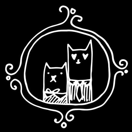 Hand draw cats in love. Cute cat and lady-cat hug each other and hold a heart in their paws. Valentine's Day. Doodling cats in the heart shape. Black outlines isolated on a white background. Vector.のイラスト素材