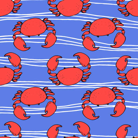 Red crab sketch pattern in cartoon style on blue background. Vector nature graphic background. Black line icon. Geometric art. Fabric pattern design. Seamless vector texture. Red texture.のイラスト素材