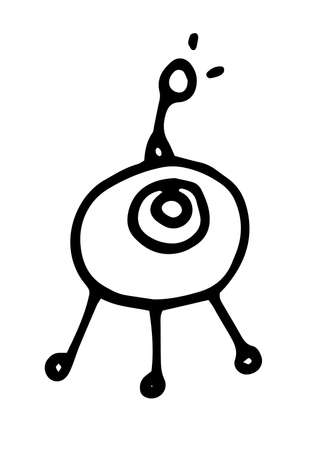 vector drawing of a cartoon alien a round body with one eye on three legs with an antenna, giving a signal a black outline in the style of a doodle on a white background for a children's game design template. Doodle one-eyed alien round.のイラスト素材