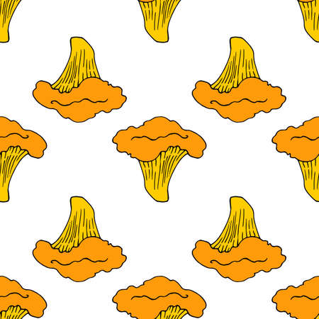 mushrooms chanterelles pattern in vintage style on yellow background. White background. Seamless patternのイラスト素材