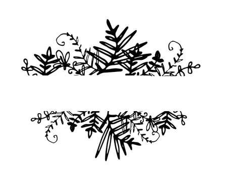 Vintage hand drawn template with black doodle twigs frame on white background. Vintage nature illustration. Simple line art style. Design element. Hand drawn doodle. Line drawing.のイラスト素材