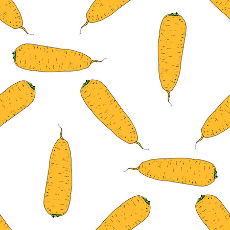 Cartoon seamless pattern on yellow backdrop. Seamless pattern. Natural pattern. Vintage print.Vector seamless pattern of orange carrots randomly placed on a white background. The yellow sweet carrot is drawn in a sketch style black outline and cropped short green for the design templateのイラスト素材