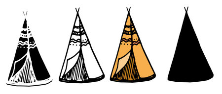 Doodle teepee set brown in doodle style on white background. Minimal style design. Minimal symbol. Minimal collection. Boho style. Poster design. Bohemian style.のイラスト素材